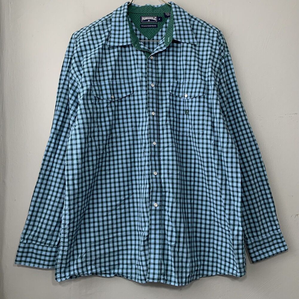 Panhandle Slim Mens Size XL Pearl Snap Blue Plaid Western Dress Shirt